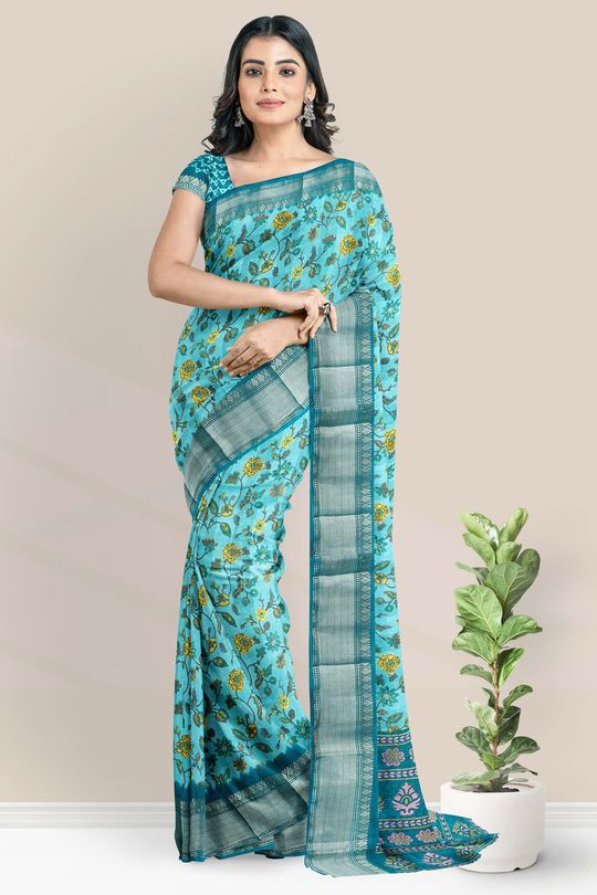 Jute Linen Floral Digital Print Blue And  Raama Green Saree