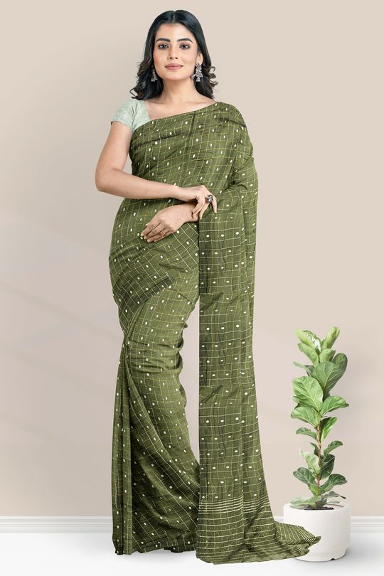 Banarasi Silk Checks Dark Mehandhi Green Saree