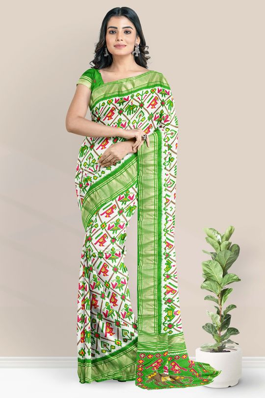 Patola Silk Ikkath Print Half White And Light Green Saree