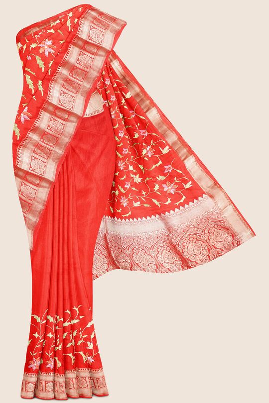 Fancy Silk Embroidary Work Red Saree