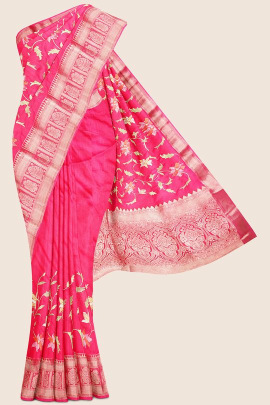 Fancy Silk Embroidary Work Bright Pink Saree