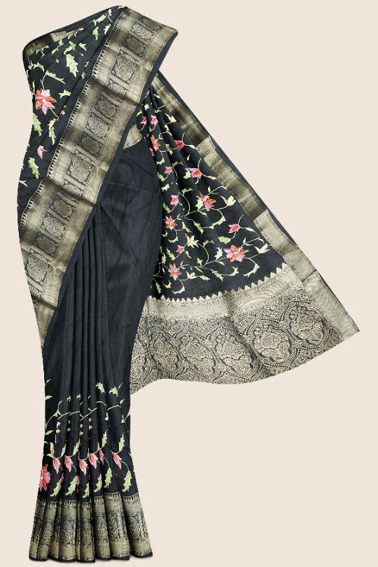 Fancy Silk Embroidary Work Black Saree