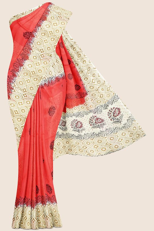 Summer Special Meena Cotton Red And Cream Saree