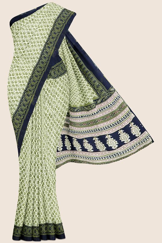 Summer Special Meena Cotton Cream And Mehandi Green And Navy Blue Mix Saree