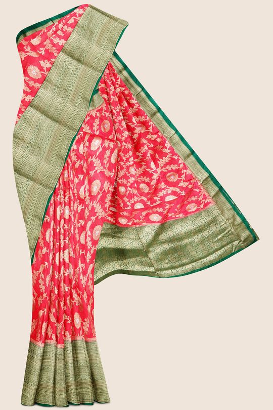 Fancy Silk All Over Bright Pink And Dark Green Saree