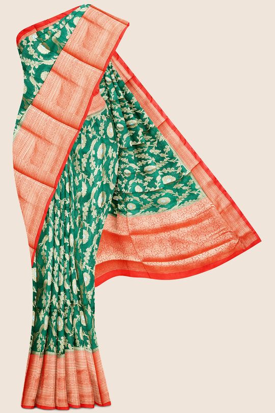 Fancy Silk All Over Dark Green And Red Saree