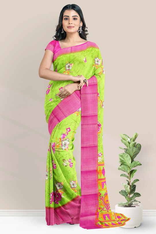 Crepe Silk Floral Digital Print Parrot Green And Pink Saree