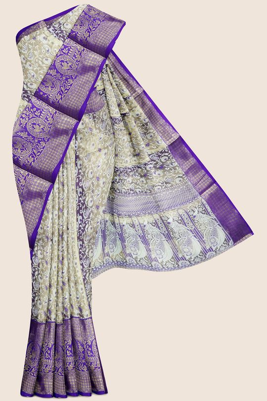 Fancy Tissue Peacock Design Golden And Purple Saree