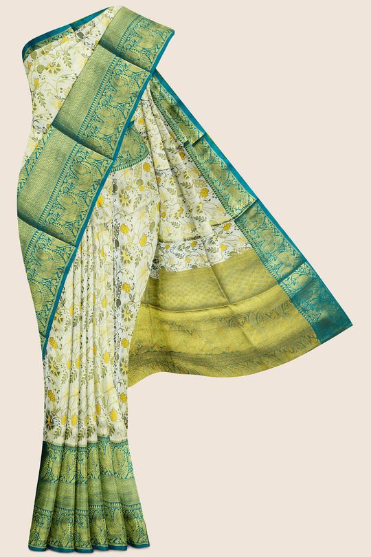 Fancy Tissue Meena Work Half White And Raama Green Saree