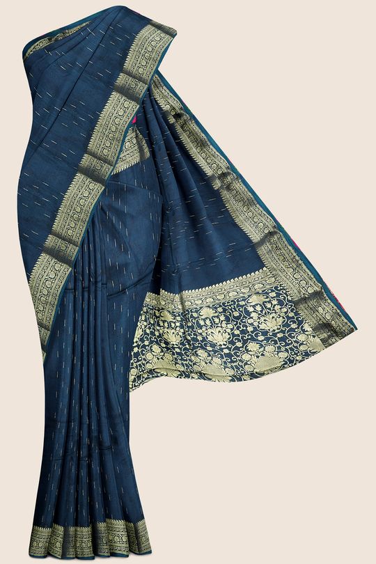 Embose Silk Thread Lines Peacock Blue And Pink Saree