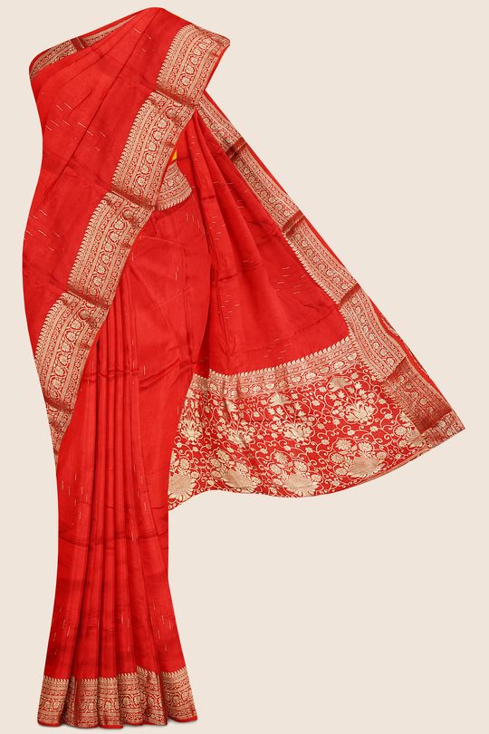Embose Silk Thread Lines Red And Musturd Yellow Saree