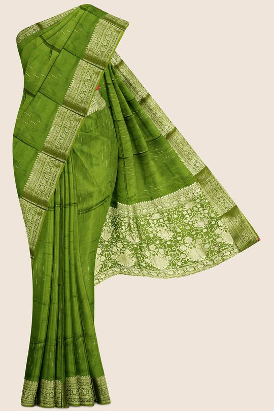 Embose Silk Thread Lines Dark Mehandhi Green And Pink Saree