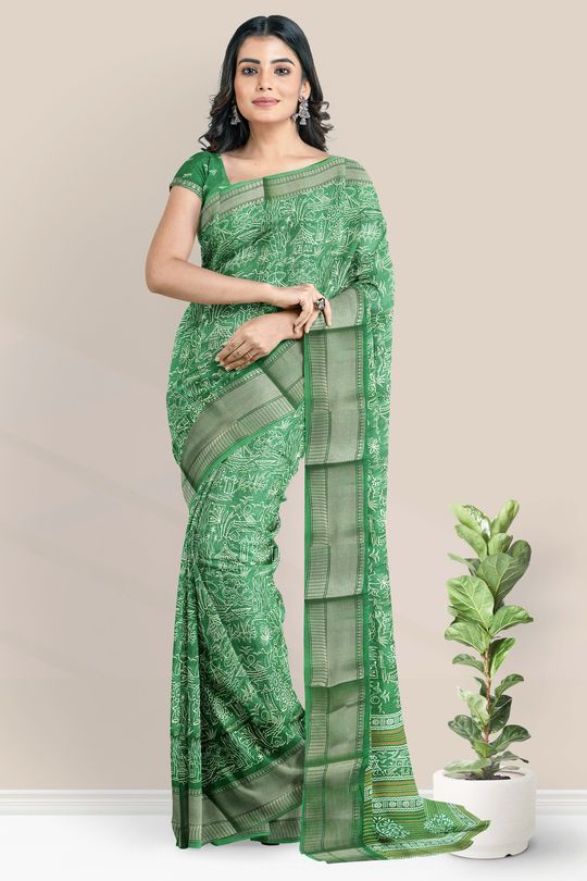 Jute Silk Printed Green Saree