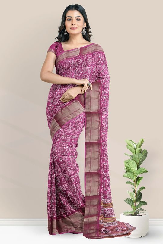Jute Silk Printed Magentha Pink Saree