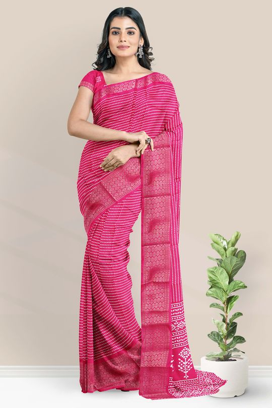 Jute Silk Printed Lines Bright Pink Saree