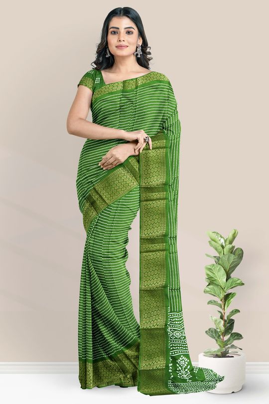 Jute Silk Printed Lines Mehandhi Green Saree