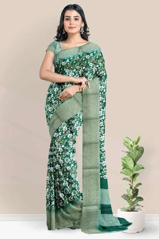 Crepe Silk Floral Print Dark Green saree