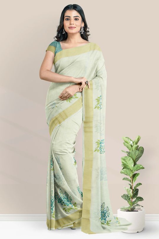 Linen Silk Printed Cream With Raama Green Saree
