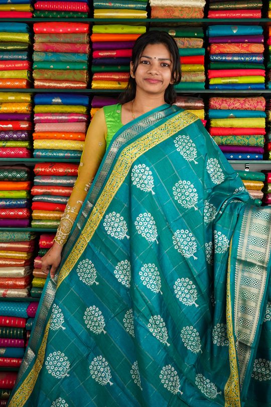 Fancy Silk Printed Rama Green Saree