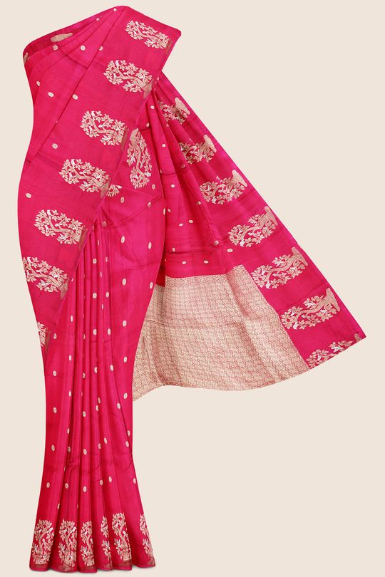 katan Silk Flower Butti Bright Pink Saree