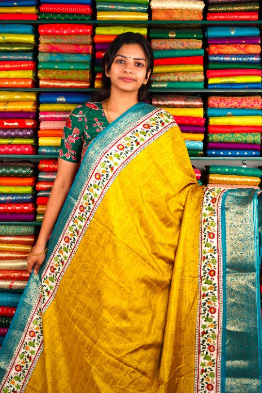 Fancy Silk Printed Yellow And Coppersulphate Blue Saree