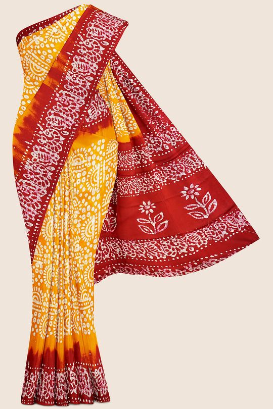 Soft Summer Cotton Bathik Print Yellow And Red Saree