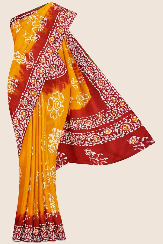 Soft Summer Cotton Bathik Print Yellow And Red Saree