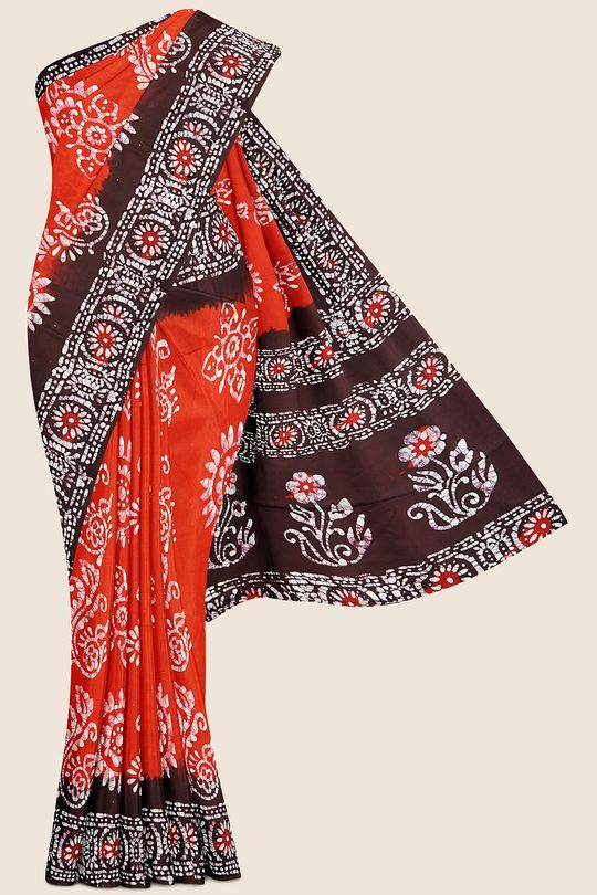 Soft Summer Cotton Bathik Print Red And Brown Saree
