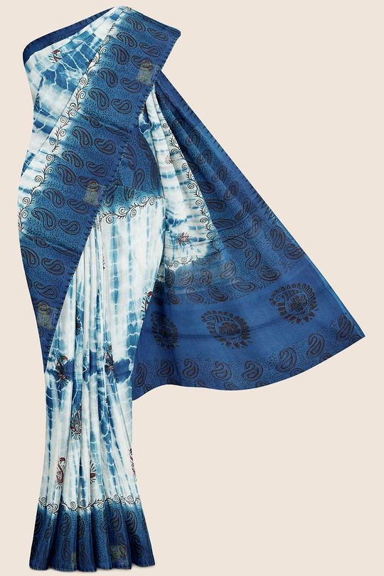 Summer Printed Cotton Half White And Peacock Blue Saree