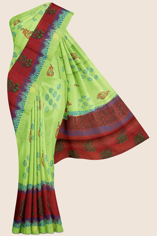 Summer Printed Cotton Green And Red Saree