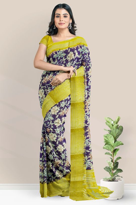 Jute Georgette Printed Purple And Yellow Sarees