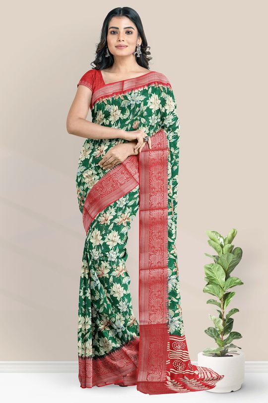 Jute Georgette Printed Green And Red Saree