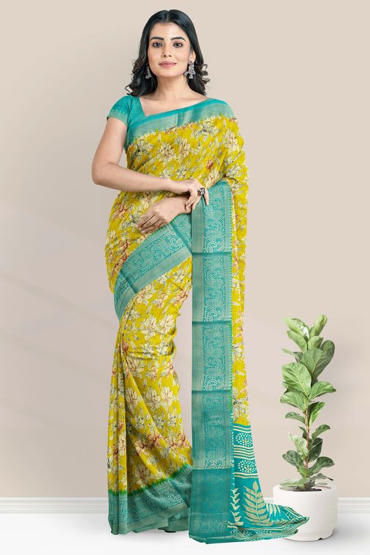 Jute Georgette Printed Yellow And Copper Sulphate Blue Saree