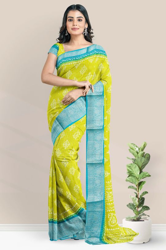 Kora Georgette Checks Yellow And Copper Sulphate Blue Saree