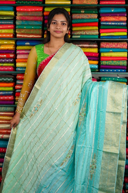 Pure Crepe Embroidary Light Green And Sea Green Saree