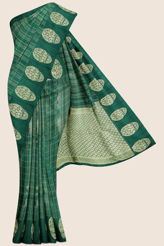 Mashru Silk Checks Dark Green Saree
