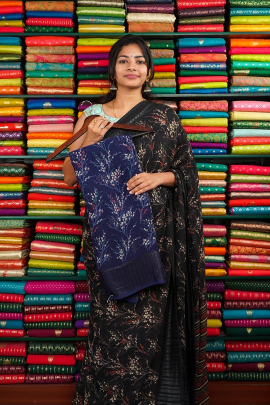 Georgette Printed Navy Blue And Coppersulphate Blue Saree