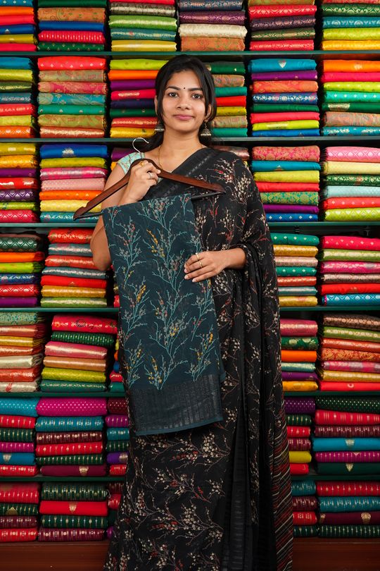 Georgette Printed Dark Peacock Green And Red Saree