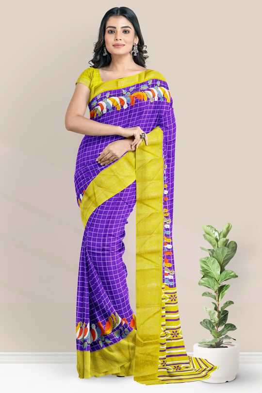 Soft Silk Printed Checks Purple And Yellow Saree