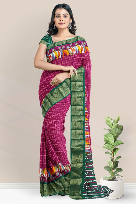 Soft Silk Printed Checks Magentha Pink And Green Saree