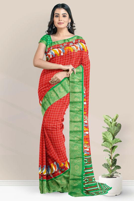 Soft Silk Printed Checks Red And Parrot Green Saree