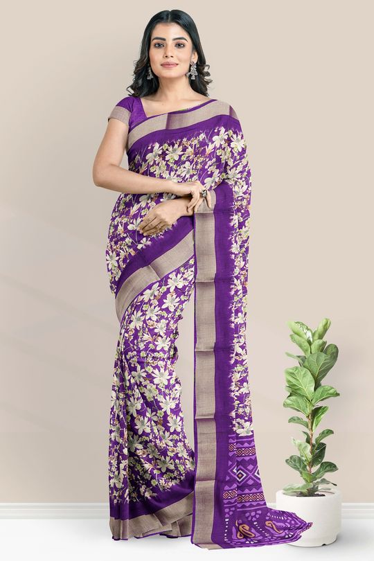 Linen Jute Floral Digital Print Purple Saree