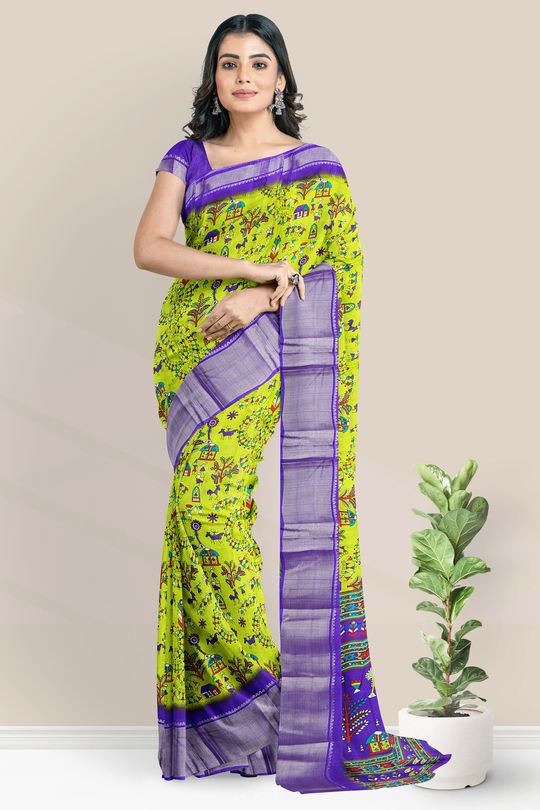 Fancy Silk Trible Print Light Parrot Green And Purple Saree