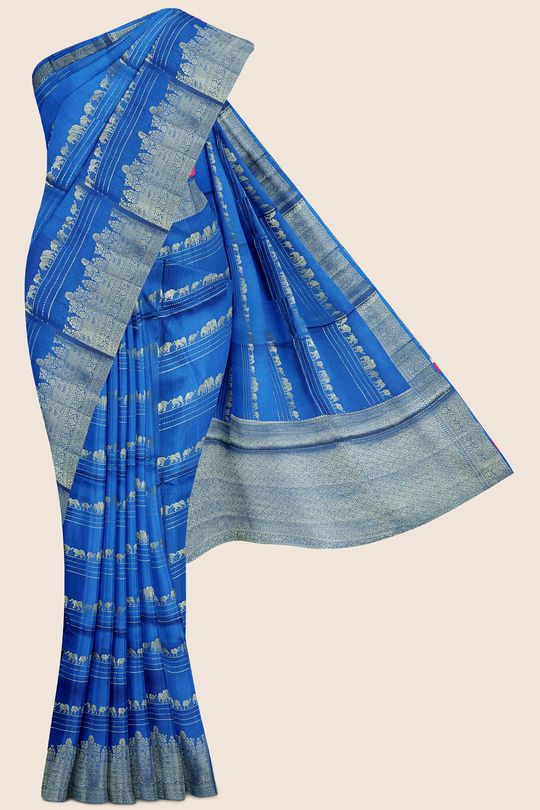 Mashru Silk Zari Lines Bright Blue Saree