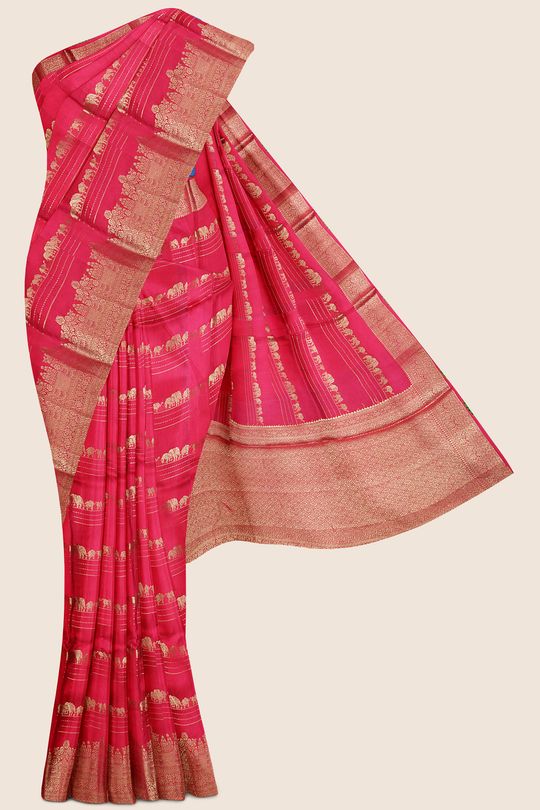 Mashru Silk Zari Lines Bright Pink Saree