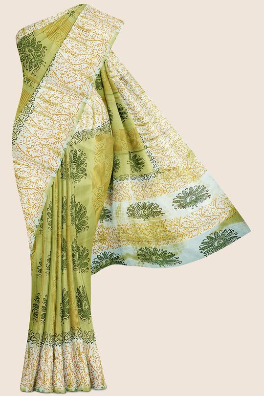 Summer Printed Cotton Mehandi Green And Cream Saree