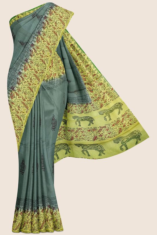 Summer Printed Cotton Paachi Green And Mehandi Green Saree