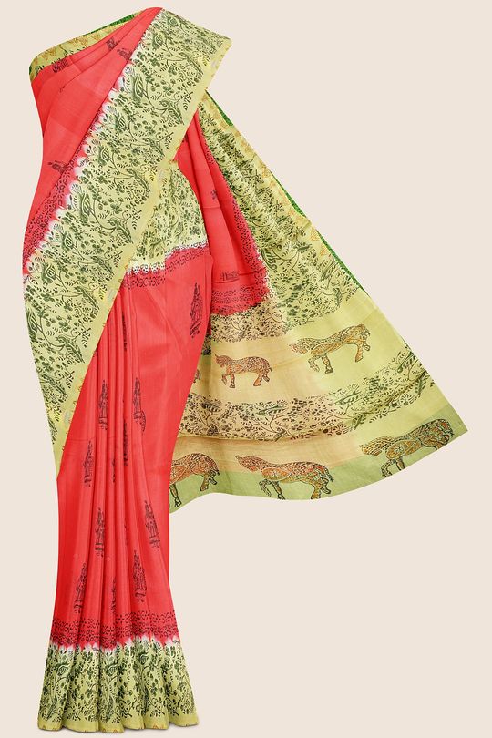 Summer Printed Cotton Tomato Red And Mehandi Green Saree