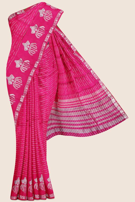 Maheswari Silk Zari weaving Bright Pink And Dark Navy Blue Saree