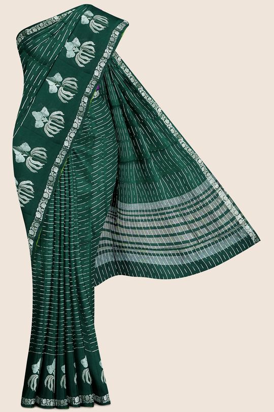 Maheswari Silk Zari weaving Dark Bottle Green And Brinjal Saree